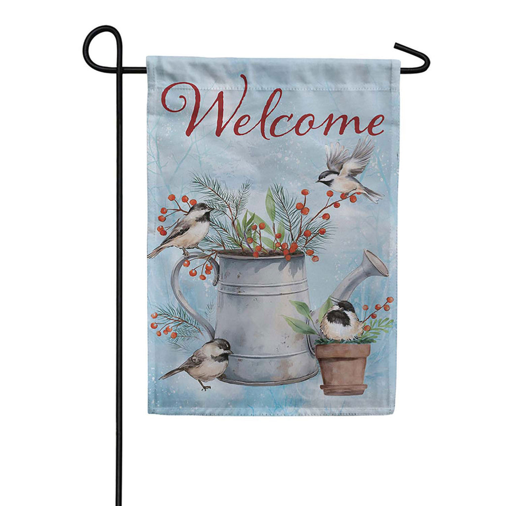 Evergreen Suede 2-Sided Garden Flag - Snowbirds Chickadee Watering Can