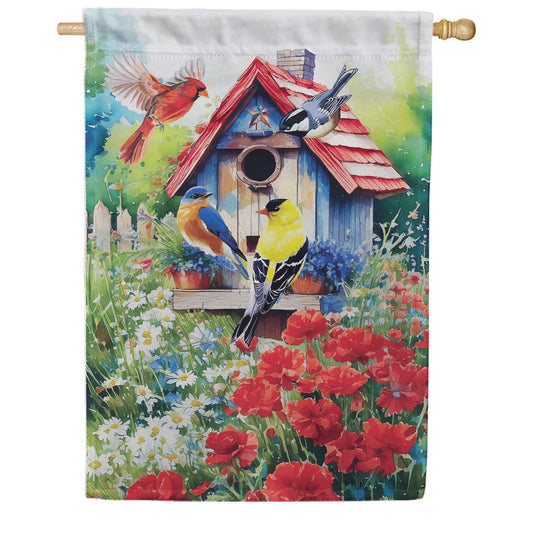 Evergreen Suede 2-Sided House Flag - Americana Songbirds Garden