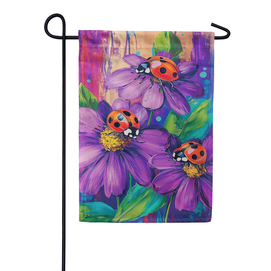Evergreen Zinnia & Ladybugs Suede 2-Sided Garden Flag