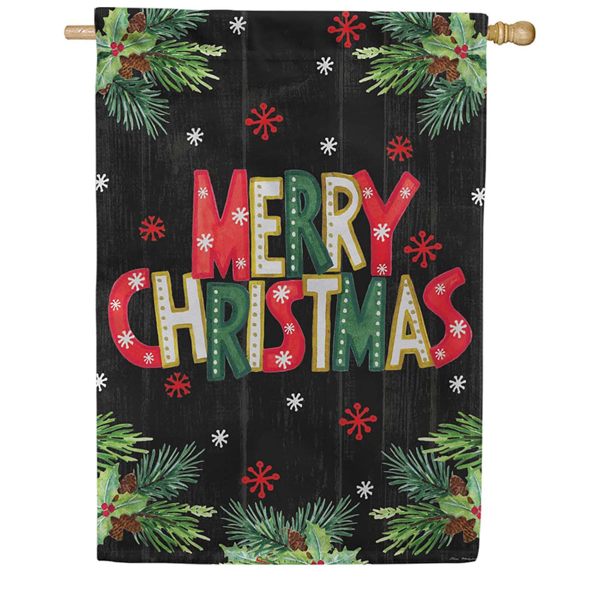 Evergreen Suede 2-Sided House Flag - Colorful Floral Merry Christmas