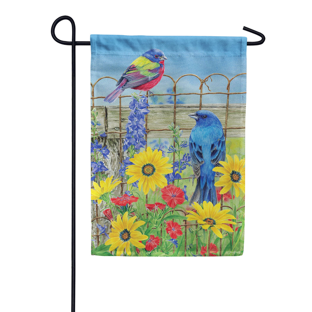 Evergreen Colorful Songbird Fence Suede 2-Sided Garden Flag