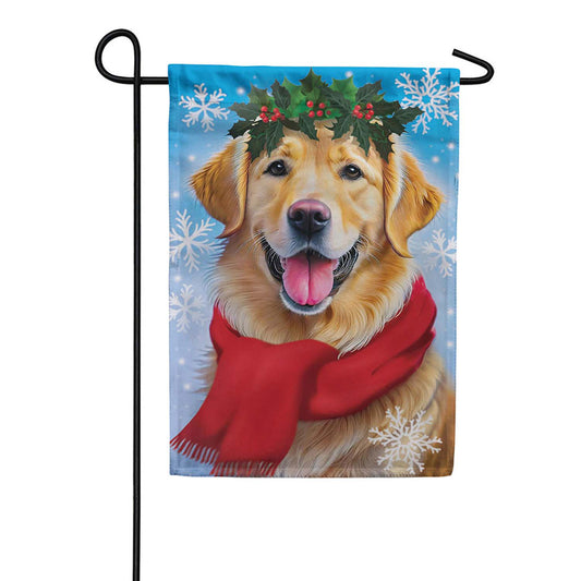 Evergreen Suede 2-Sided Garden Flag - Happy Winter Golden Retriever