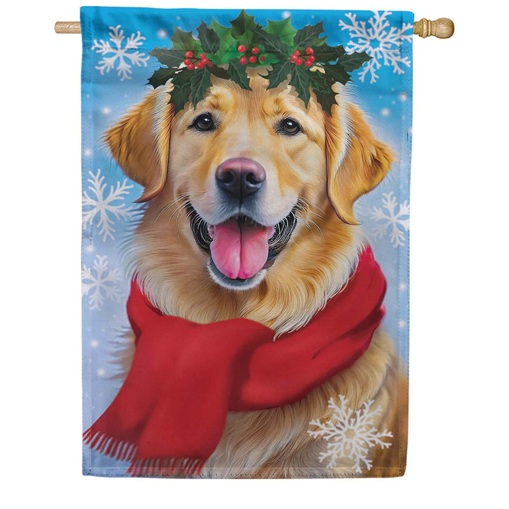Evergreen Suede 2-Sided House Flag - Happy Winter Golden Retriever