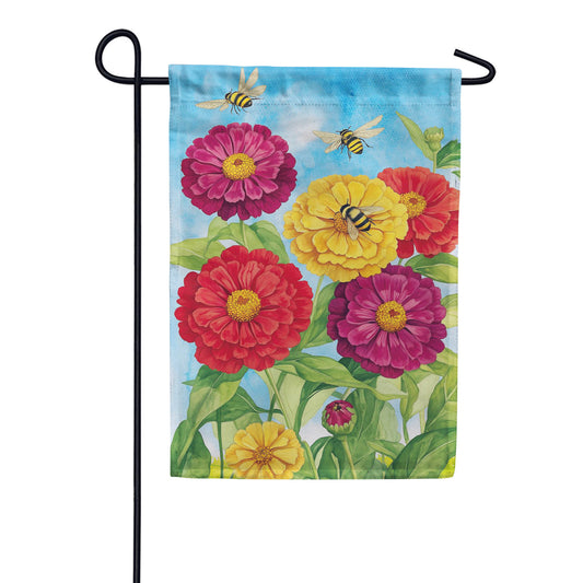 Evergreen Zinnias & Bees Suede 2-Sided Garden Flag
