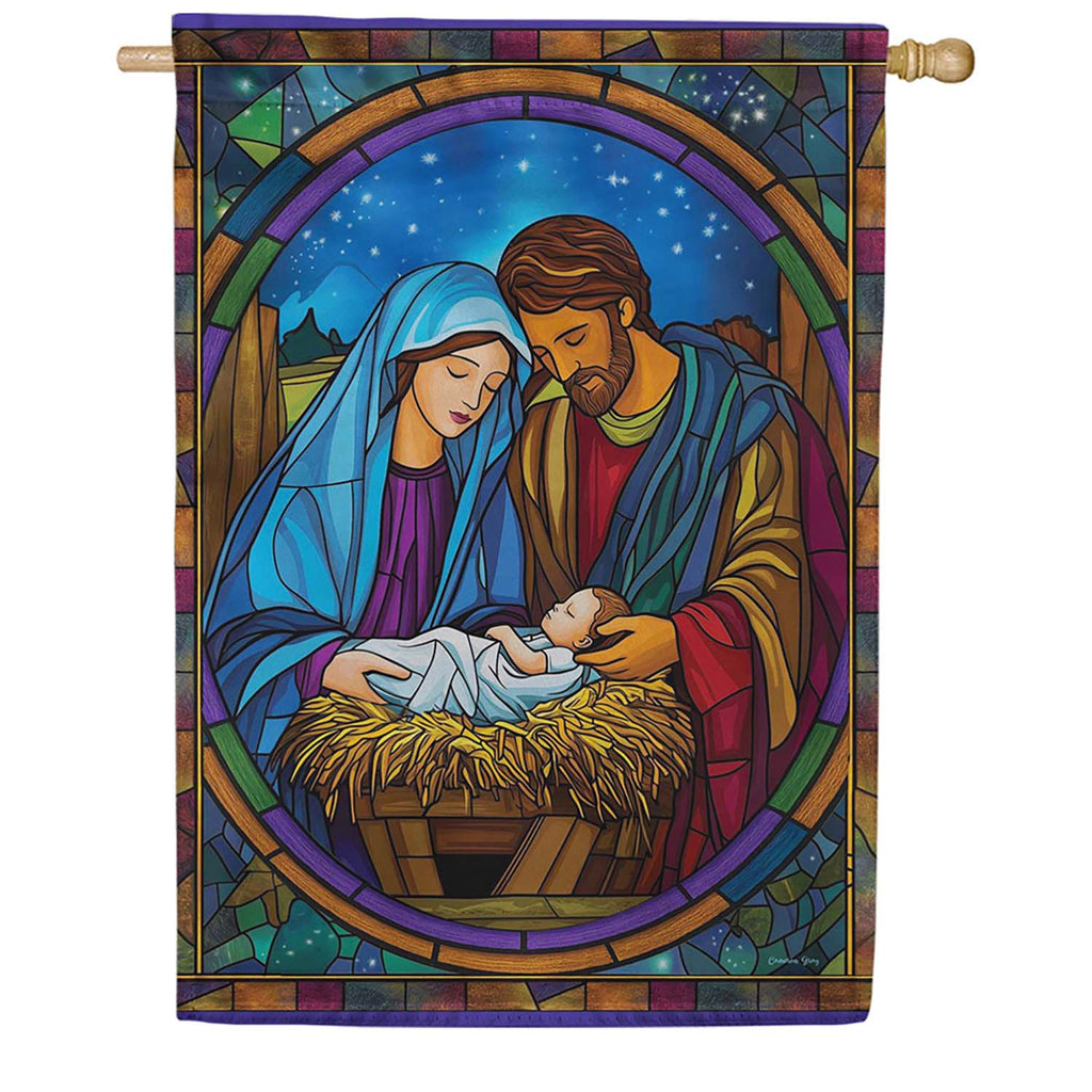 Evergreen Suede 2-Sided House Flag - Stained Glass Holy Night