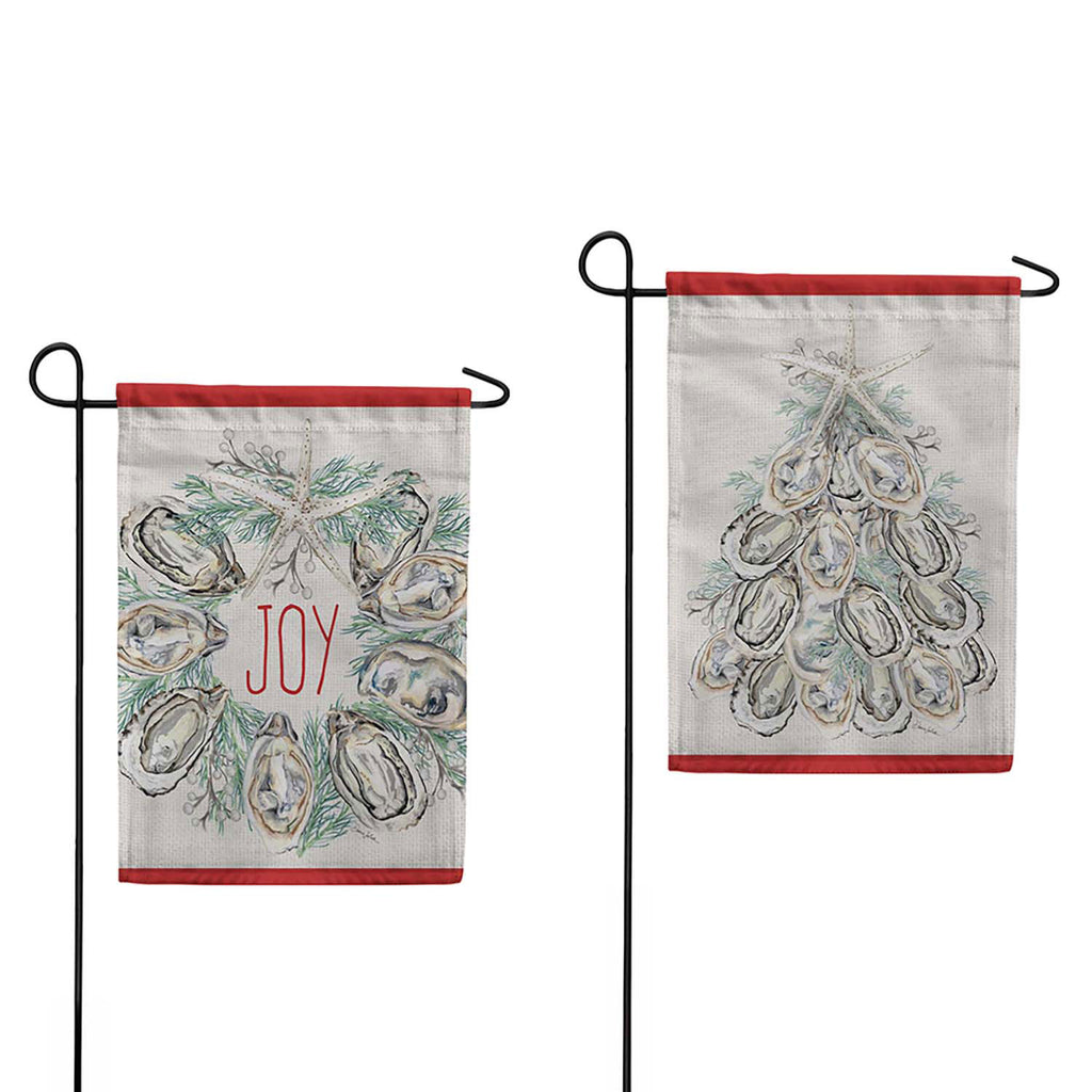 Evergreen Suede 2-Sided Garden Flag - Joyful Oyster Wreath & Tree Front Back