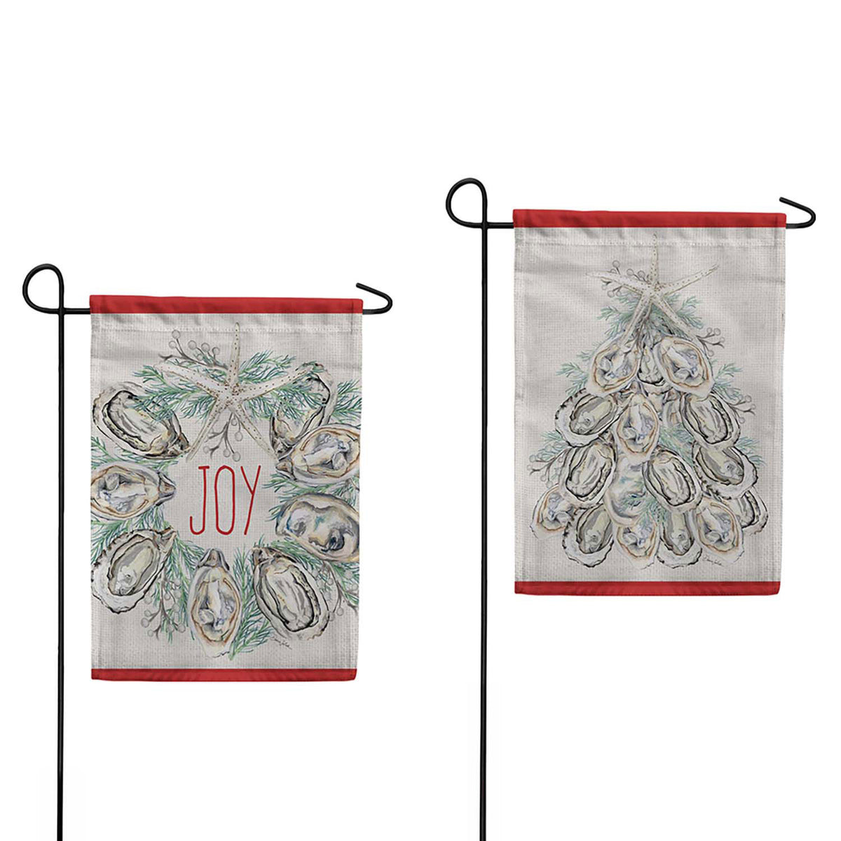 Evergreen Suede 2-Sided Garden Flag - Joyful Oyster Wreath & Tree Front Back