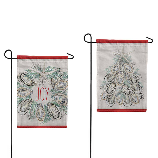 Evergreen Suede 2-Sided Garden Flag - Joyful Oyster Wreath & Tree Front Back