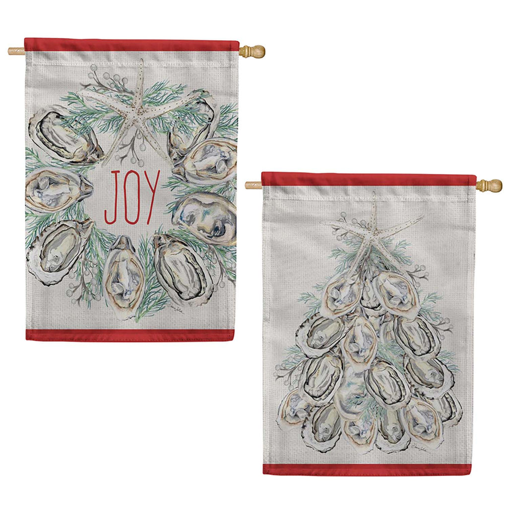 Evergreen Suede 2-Sided House Flag - Joyful Oyster Wreath & Tree