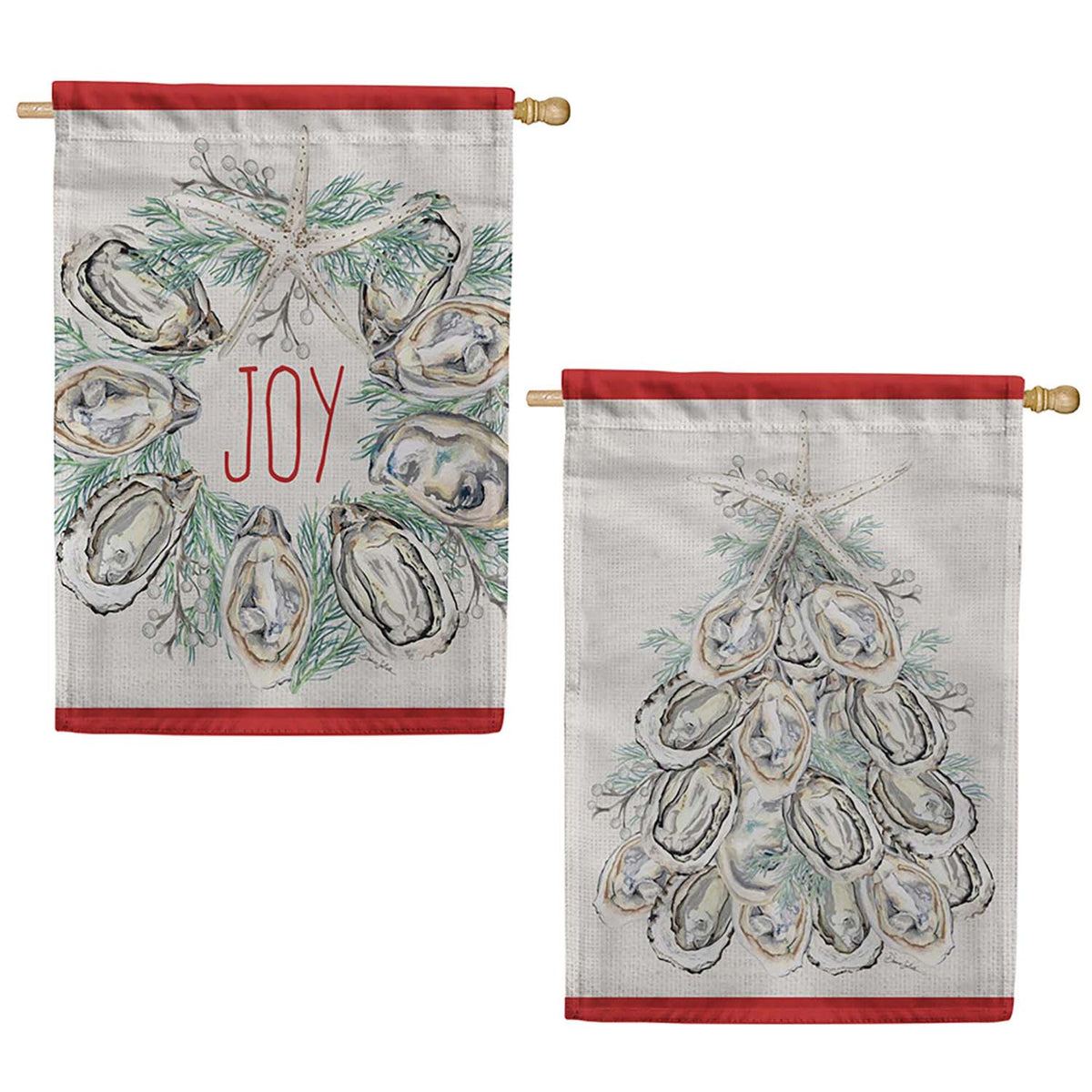 Evergreen Suede 2-Sided House Flag - Joyful Oyster Wreath & Tree