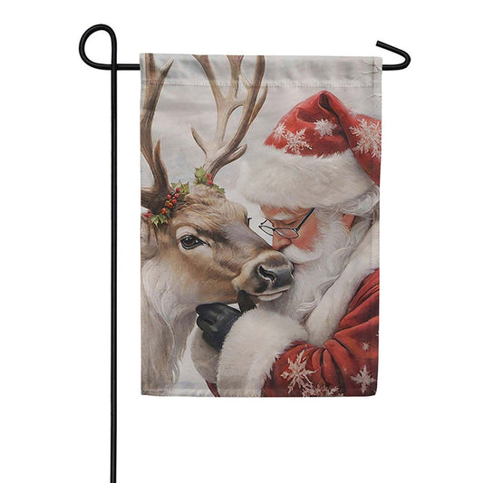 Evergreen Suede 2-Sided Garden Flag - Santa Comforting Reindeer