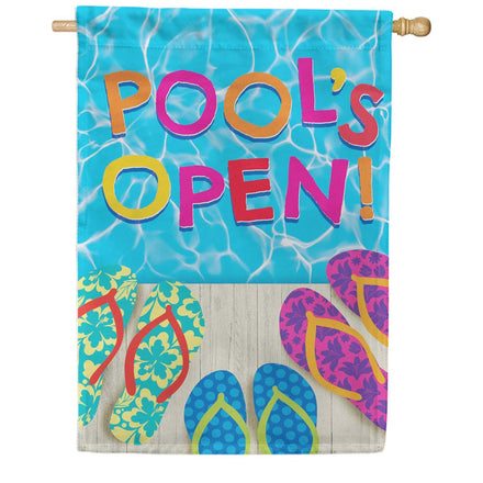 Evergreen Suede 2-Sided House Flag - Pool's Open Flip Flops