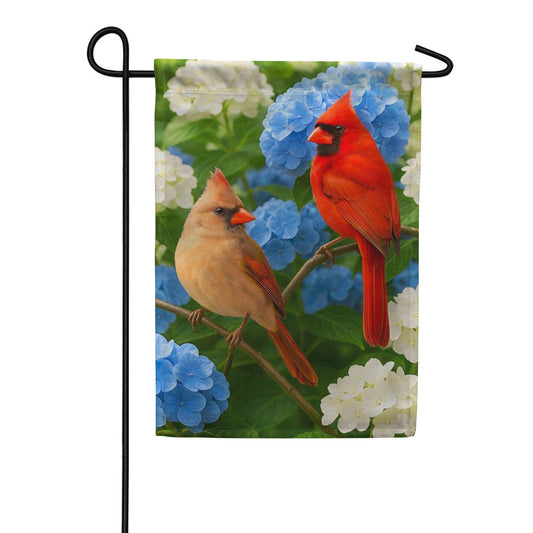Evergreen Suede 2-Sided Garden Flag - Cardinal Couple Among Hydrangeas