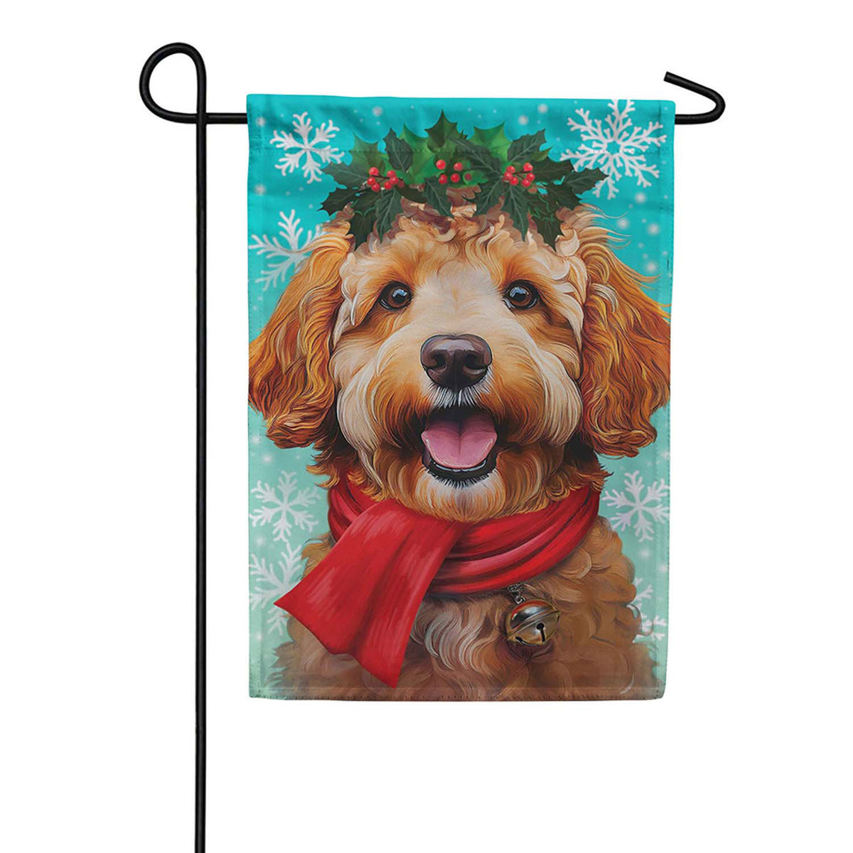 Evergreen Suede 2-Sided Garden Flag - Happy Winter Goldendoodle