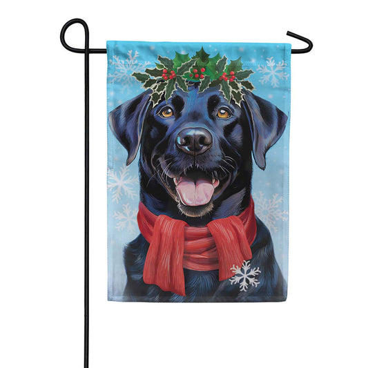 Evergreen Suede 2-Sided Garden Flag - Happy Winter BlackLab