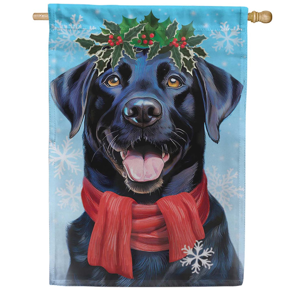 Evergreen Suede 2-Sided House Flag - Happy Winter BlackLab