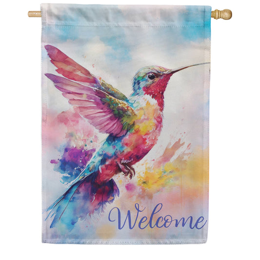Evergreen Suede 2-Sided House Flag - Watercolor Hummingbird