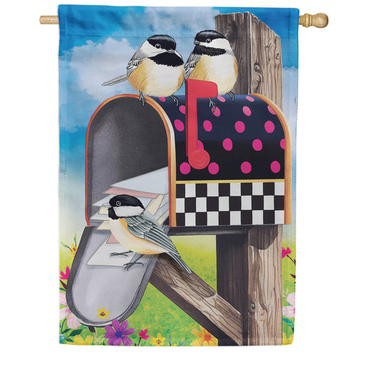 Evergreen Suede 2-Sided House Flag - Delivery Chickadees