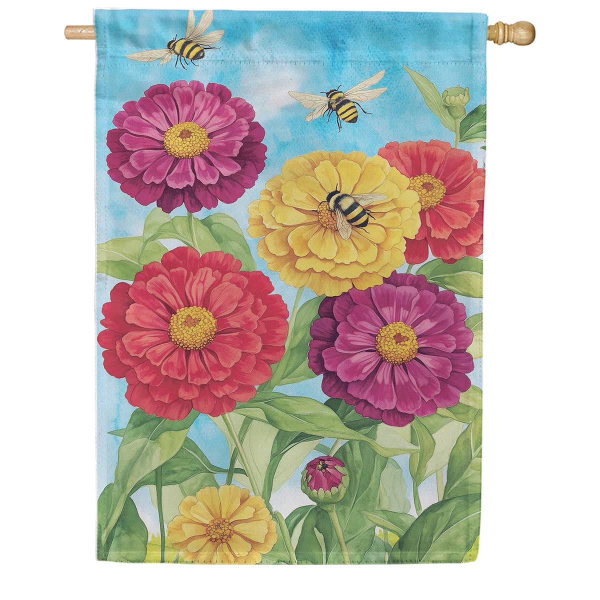 Evergreen Suede 2-Sided House Flag - Multicolor Zinnias & Bees
