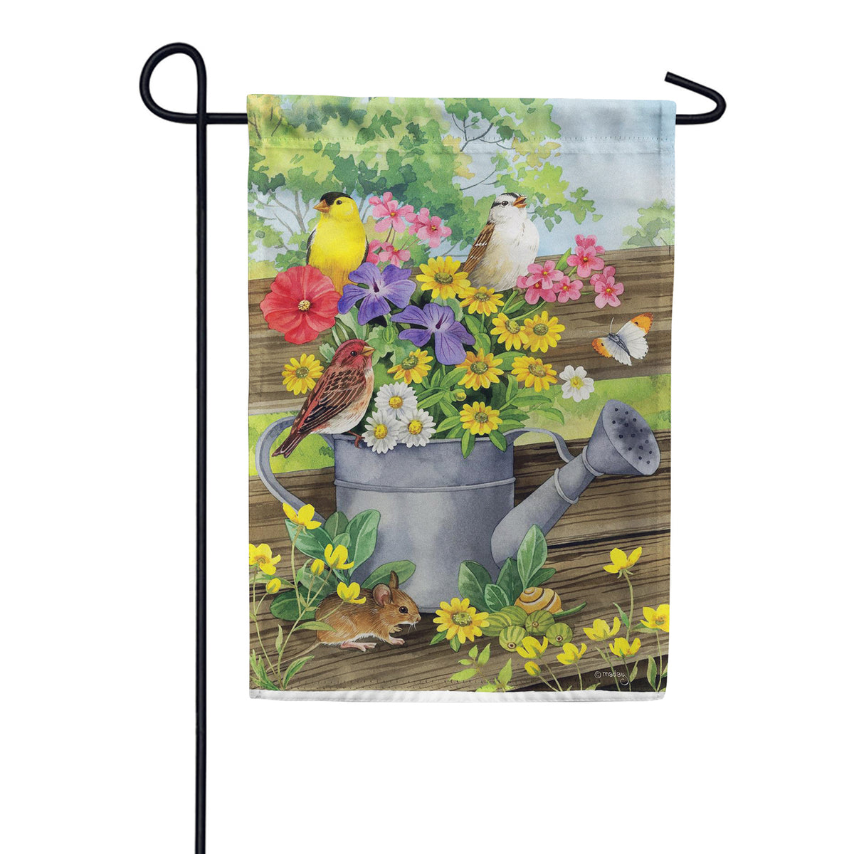 Evergreen Suede 2-Sided Garden Flag - Watering Can Bunch