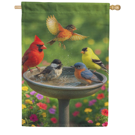 Evergreen Suede 2-Sided House Flag - Bathing Birds