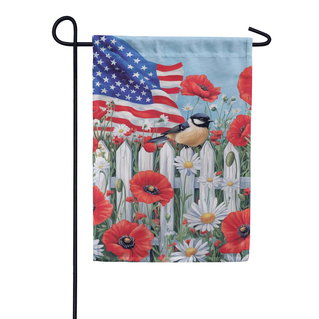 Evergreen Suede 2-Sided Garden Flag - Patriotic Poppies & Bird