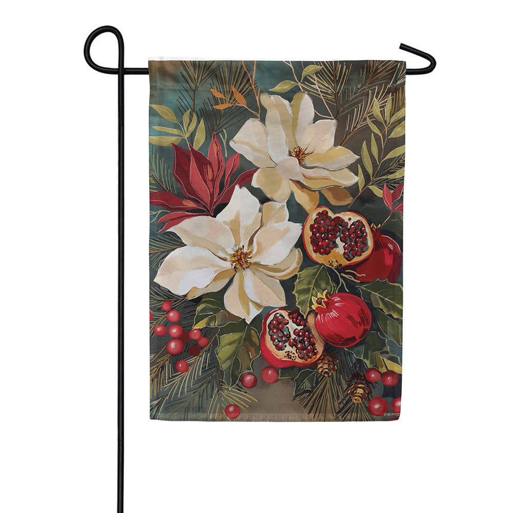Evergreen Suede 2-Sided Garden Flag - Magnolia Pomegranate