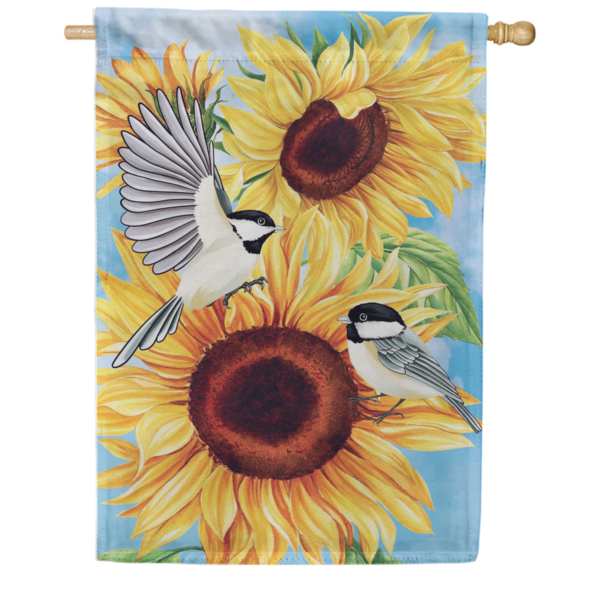 Evergreen Suede 2-Sided House Flag - Sunflower Chickadees