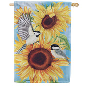 Evergreen Sunflower Chickadees House Flag