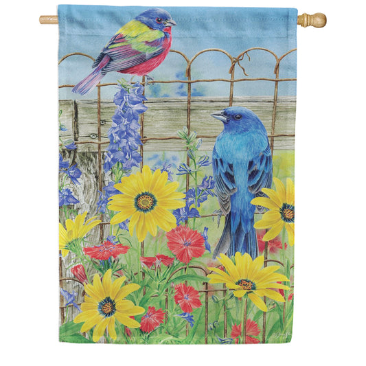 Evergreen Suede 2-Sided House Flag - Colorful Songbird Fence