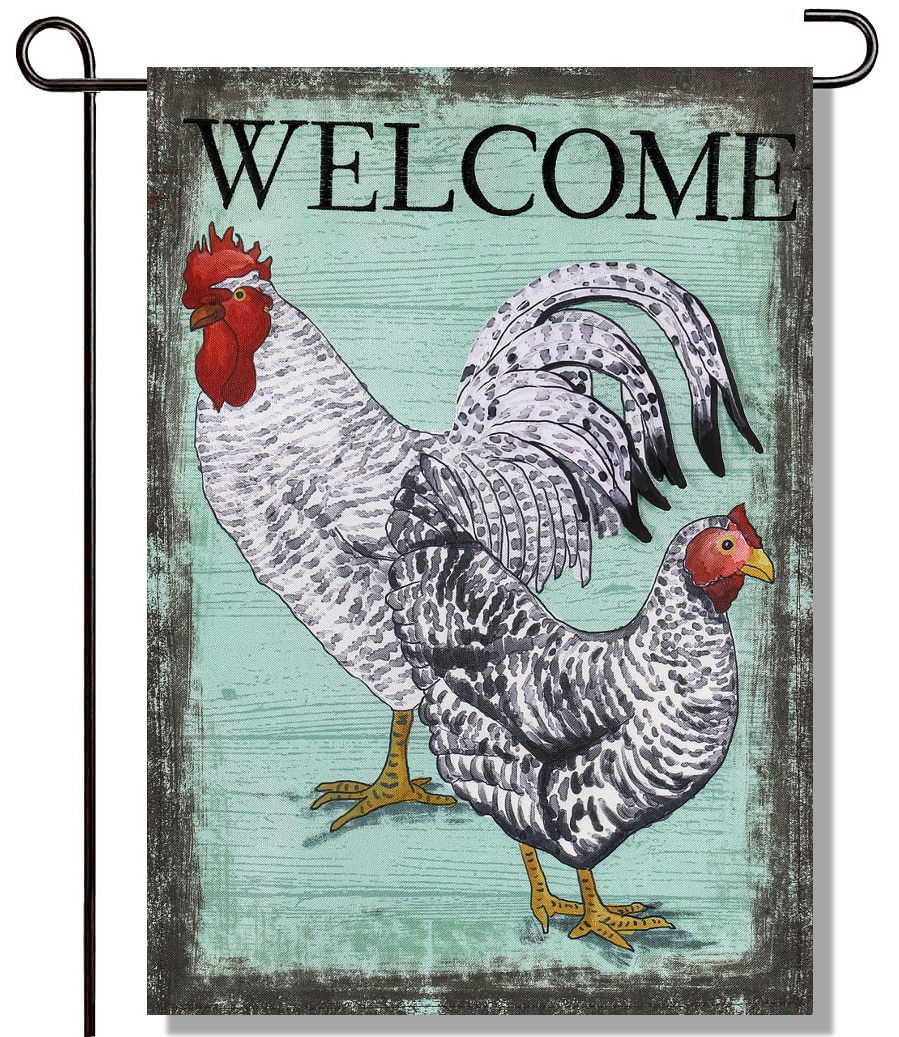 Welcome Rooster Linen Garden Flag