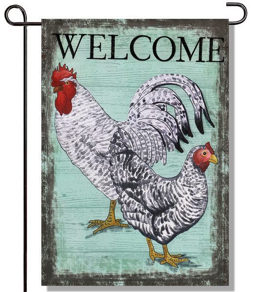 Welcome Rooster Linen Garden Flag
