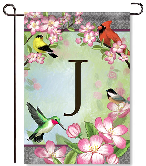 Floral Songbird Monogram J Garden Flag