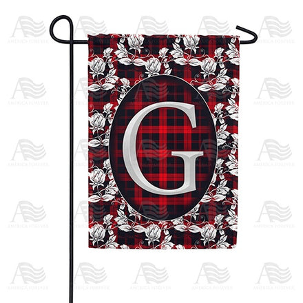 Elegant Red And Black Plaid Monogram Garden Flag