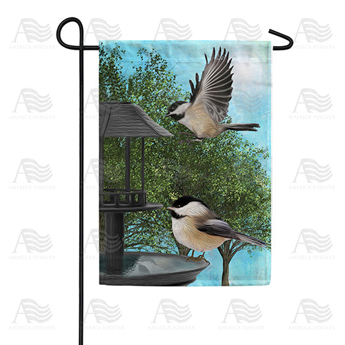 Chickadees At Feeder Garden Flag