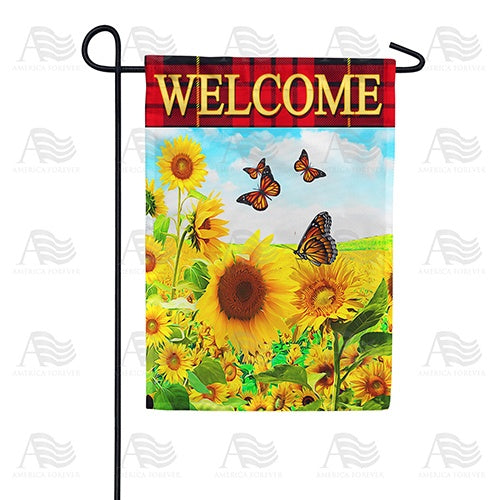 Sunflower Welcome Red Plaid Garden Flag