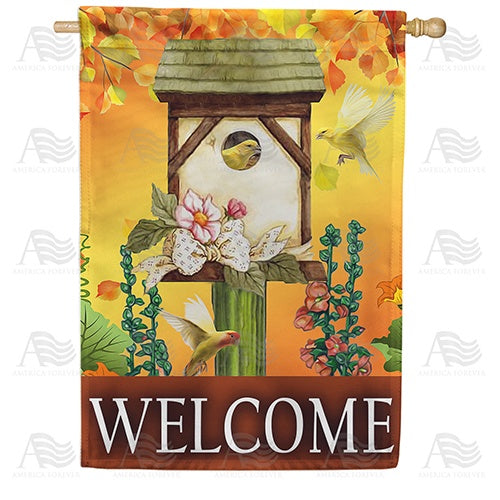 Lovely Autumn Bird House House Flag