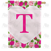 Pink Roses Monogram T House Flag