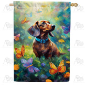 Dachshund & Dancing Butterflies House Flag