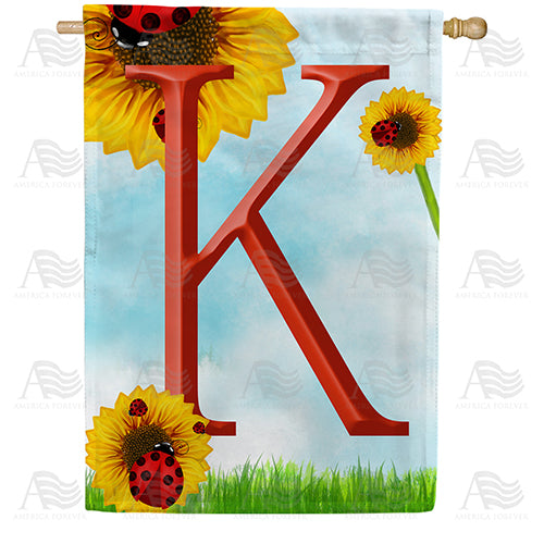 Ladybugs and Sunflowers - Monogram K House Flag