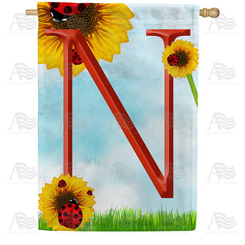Ladybugs and Sunflowers - Monogram N House Flag