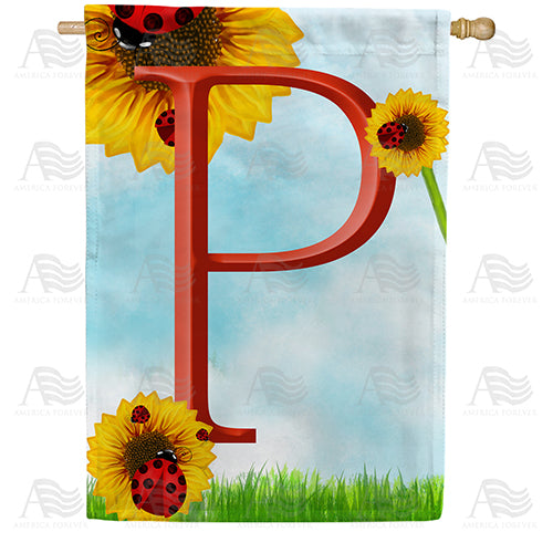 Ladybugs and Sunflowers - Monogram P House Flag