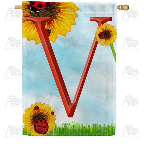 Ladybugs and Sunflowers - Monogram V House Flag