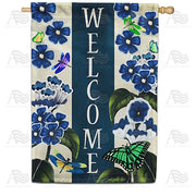 Blue Welcome Flowers House Flag