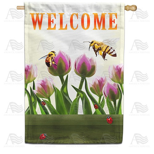 Welcome Spring Bees and Tulips House Flag
