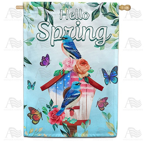Spring Bluebird Birdhouse House Flag