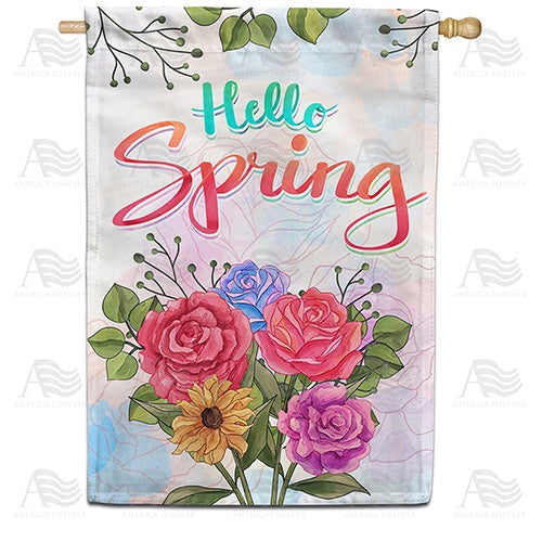 Hello Spring Watercolor Flowers House Flag