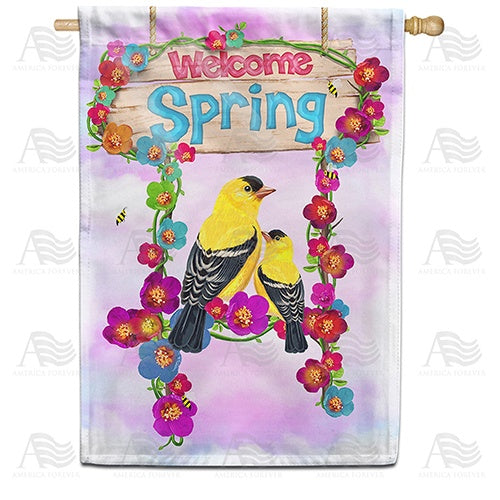 Welcome Spring Yellow Finches House Flag
