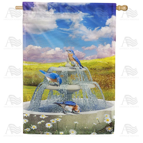 Bluebirds In Water Fountain House Flag