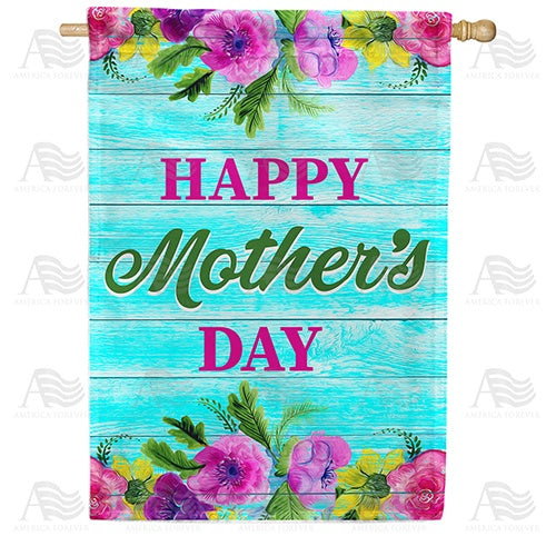 Happy Mother's Day On Blue Wood House Flag